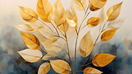 Blue transparent textured tree leaves design. Great for wall art and home decor. Watercolor transparent golden and dark blue leaves . Ai generative.