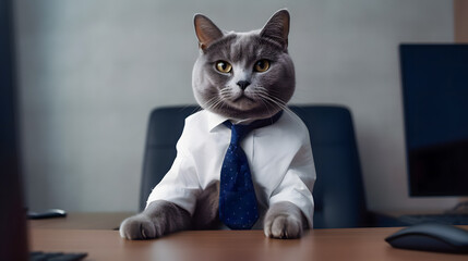 Professional cat wearing a suit sitting in a chair at work 