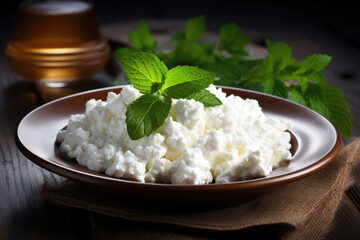 A plate of cottage cheese is on the table, breakfast