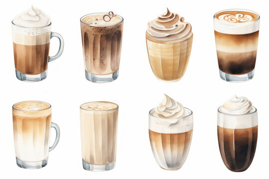 Hot coffee types set, illustrations. Design for coffee shop menu