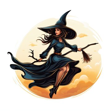 Halloween witch logo illustration on a broomstick. Illustration of a beautiful witch in a pointed hat flies on a broom silhouette illustration. Beautiful witch logo, sticker, print. Generative ai.