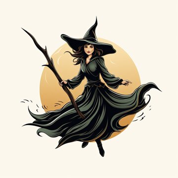 Halloween witch logo illustration on a broomstick. Illustration of a beautiful witch in a pointed hat flies on a broom silhouette illustration. Beautiful witch logo, sticker, print. Generative ai.