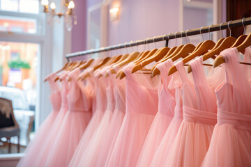 Pink dresses are hanging on a hanger in the store