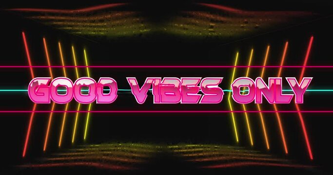 Animation of good vibes only text between lines over arrows and abstract pattern in background - Powered by Adobe