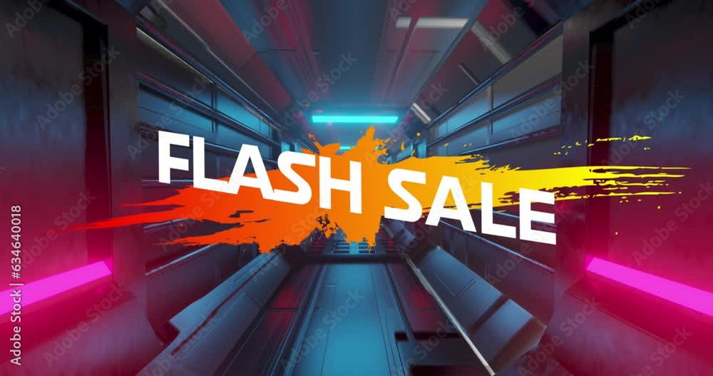 Poster animation of flash sale text on color splash and geometric shape over futuristic tunnel
