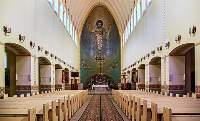 General view of the interior and close-ups of architectural details of the Catholic Church of St. Bartholomew the Apostle built in 1956-75 in Troszyn, Mazovia, Poland.