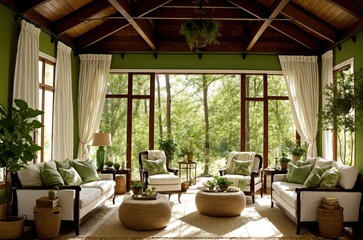 Cozy living room with couch, two chairs, coffee table, and fireplace, indoor plants