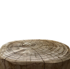 An empty wooden table. Empty wooden base, stump. Wooden surface. The backdrop. Isolated. Copy space