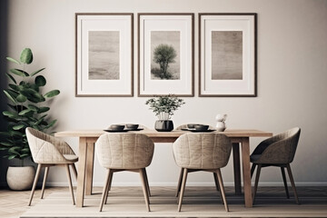The interior of a modern kitchen and living room with a dining table and frames on the wall