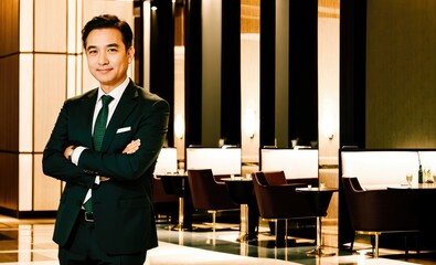 Happy middle-aged businessman CEO standing in hotels and resorts, arms crossed. Smiling mature confident professional executive manager, proud lawyer, businessman leader wearing a black suit.