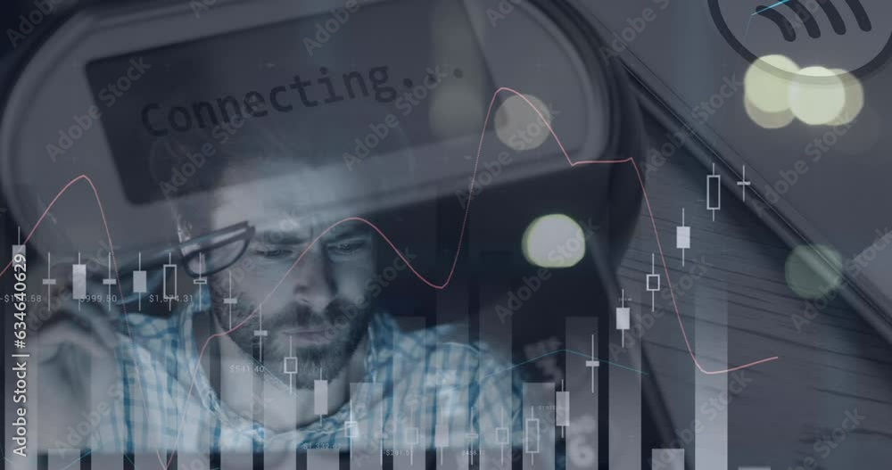 Poster animation of multiple graphs and connecting text in equipment, tired caucasian man working on laptop