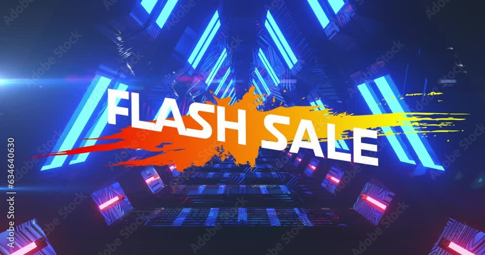 Poster animation of flash sale text on color splash with geometric shapes over triangular tunnel
