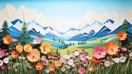 Fototapeta na wymiar Paper art of meadow with flowers