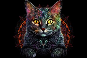 Art illustration - cat head in creative style. Mandala, ethnic design