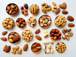 various dried fruits and nuts in plate and loose on light table in an orderly manner.