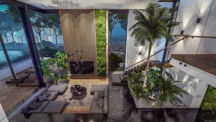 3d rendering of expensive cozy interior with green walls with living dining zone stair and kitchen for sale or rent. Warm interior lighting combined with cold light from night street