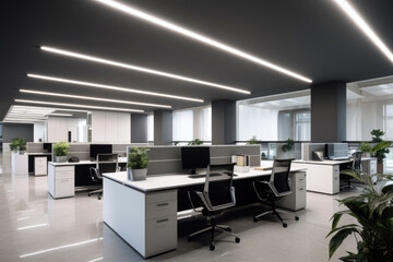 Modern office space with an open floor plan. The office space is filled with white desks and black office chairs. The desks are arranged in rows and have computer monitors and potted plants on them - Powered by Adobe
