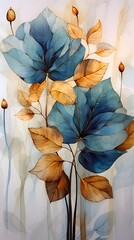 Blue transparent textured tree leaves design. Great for wall art and home decor. Watercolor transparent golden and dark blue leaves . Ai generative.