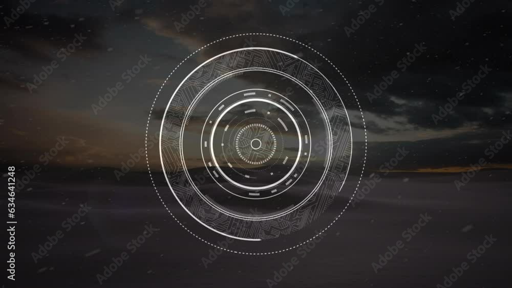 Aufkleber animation of loading circles over snowfall on mountains against cloudy sky
