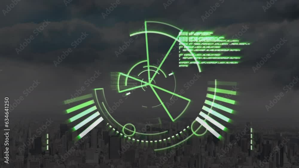 Poster animation of loading circles, computer language over aerial view of modern city against cloudy sky