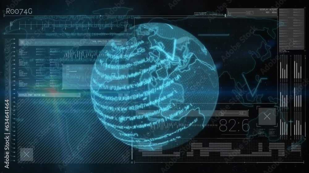 Poster animation of chinese language on globe, changing numbers, loading bars and map