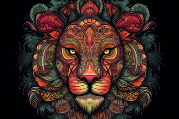 Art illustration - lion head in zentangle style. Mandala, ethnic design