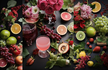 Obraz na płótnie Canvas nutrition, food, juices, fruits, set, stylish, magazine, vegan