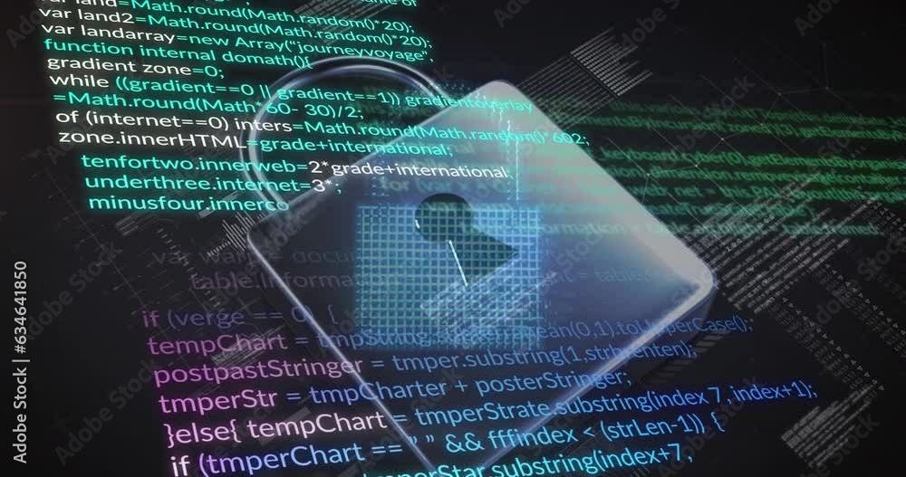 Poster animation of computer language and cloud over padlock and bars against black background