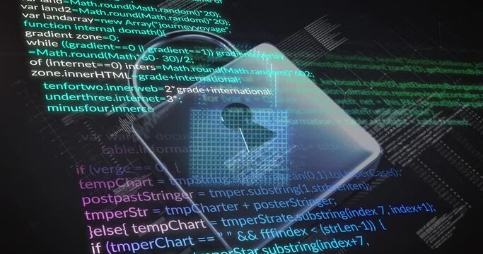 Animation of computer language and cloud over padlock and bars against black background