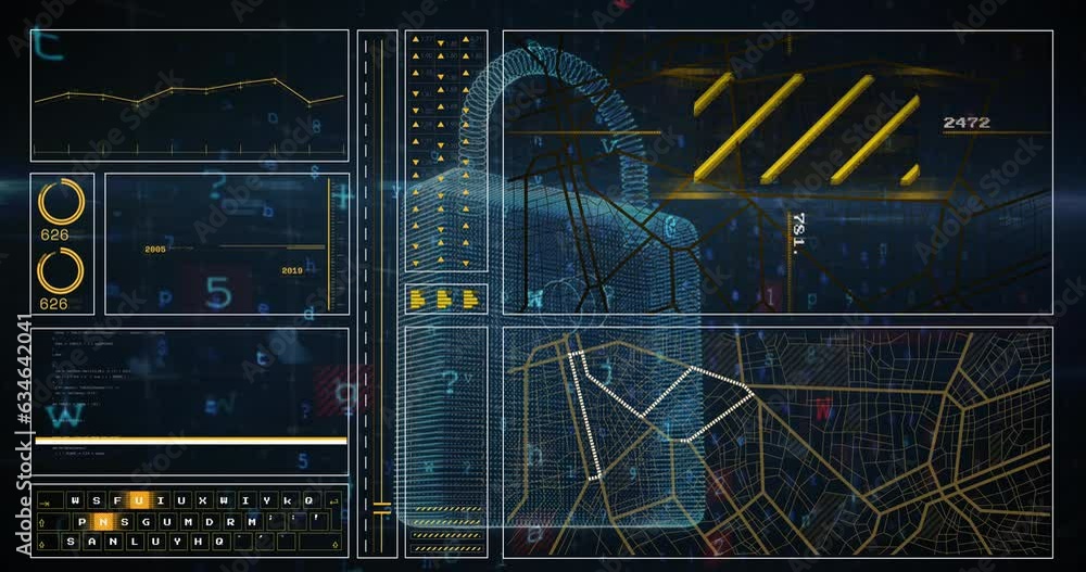 Poster animation of padlock, texts, symbols, letters, number with computer language and navigation pattern