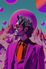 Abstract AI generated illustration of a skinny brunette man with a purple suit standing and looking to his right, in the background are pink mountains and turquoise sky with pink spheres
