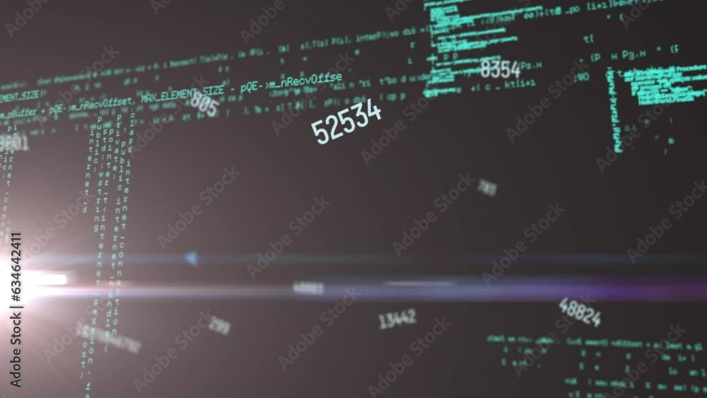 Poster animation of changing numbers, computer language and lens flares over black background