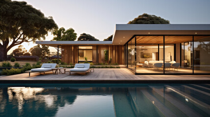 A beautiful, expensive, luxury villa with a large outdoor pool in the evening at sunset