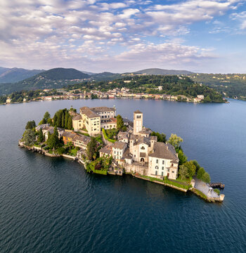 Aerial view of San Giulio island (St Julius island) and Orta San Giulio in Lake Orta, Novara, Piedmont, Italy
