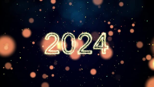 Happy New Year 2024 celebration concept Sparkling slow motion bokeh particle confetti on dark background.