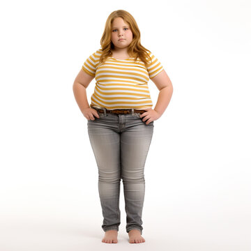Obese of overweight girl or child, posing on full figure, isolated on a white background.