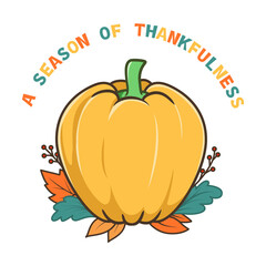 Cartoon pumpkin with autumn leaves and text 