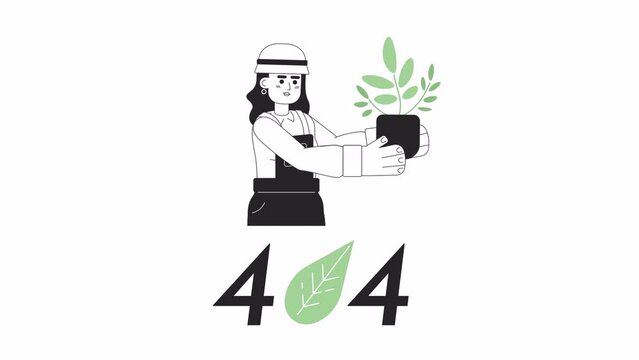 Gardener woman holding plant bw error 404 animation. Hobby error message gif, motion graphic. Florist girl growing plants indoor animated character outline 4K video isolated on white background