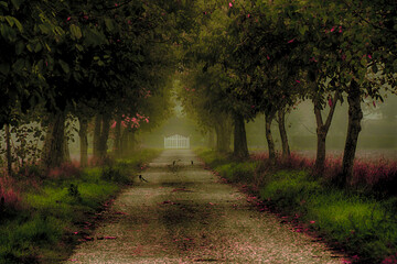 Birds on a treelined road in the fog, Tortona, Alessandria, Piedmont, Italy