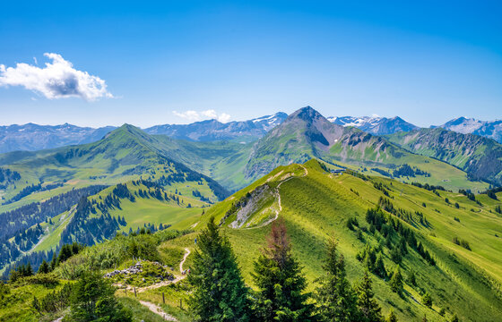 Swiss alps landscape from Rinderberg top gondola station. Gstaad, Switzerland.