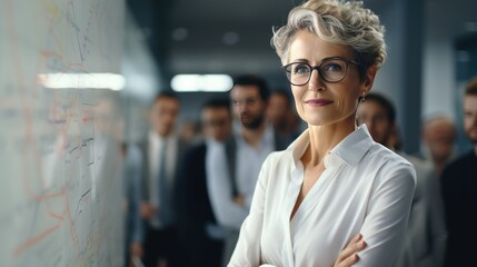 Business woman and her professional team,  look at planning broad, serious mood at modren office and tower view background.	
