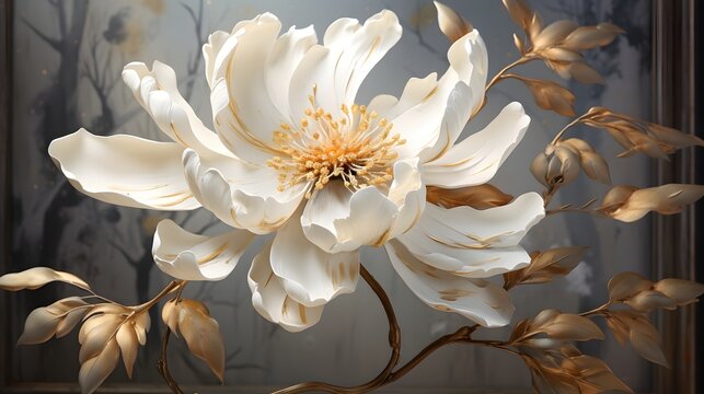 Golden and white flower on black marble background. White Magnolia Flower Wall Art. Abstract art painting for wall frames. Elegant light beige and bronze flower wall art. Ai generative.