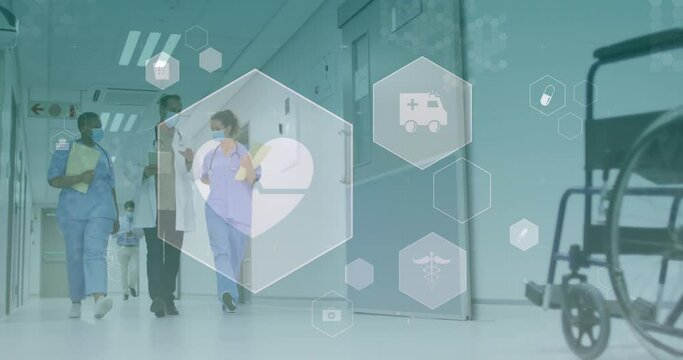 Animation of icons, diverse doctor wearing mask discussing patients reports and walking in corridor