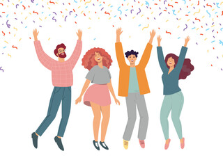 Obraz premium Happy jumping group of people, confetti around. Flat vector illustration isolated on white background