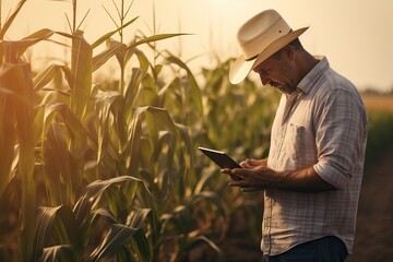 a modern adult farmer in a corn field using a digital tablet