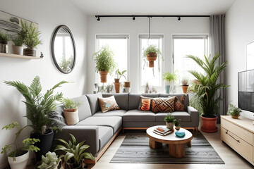 Modern boho interior open space in cozy apartment with reclining on gray design sofa, table, plants, flowers, wooden and elegant personal accessories.