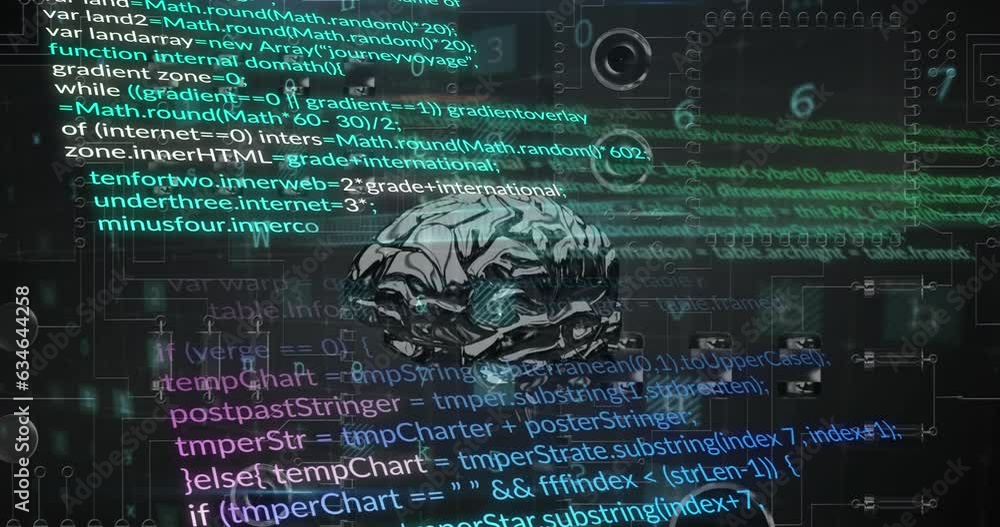 Poster animation of text, digital human brain and computer language over motherboard in background
