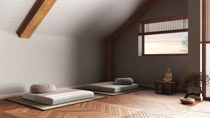 Dark late evening scene, minimal meditation room in modern penthouse. Pillows, tatami mats and...