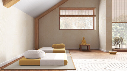 Minimal meditation room in white and yellow tones in attic apartment. Tatami mats, pillows and table with decors. Wooden beams and window. Japandi interior design