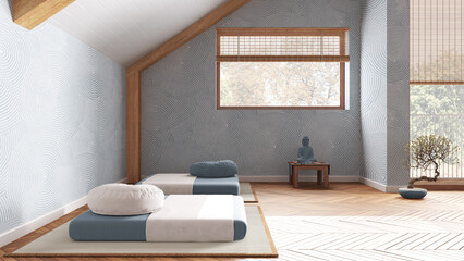 Minimal meditation room in white and blue tones in attic apartment. Tatami mats, pillows and table with decors. Wooden beams and window. Japandi interior design